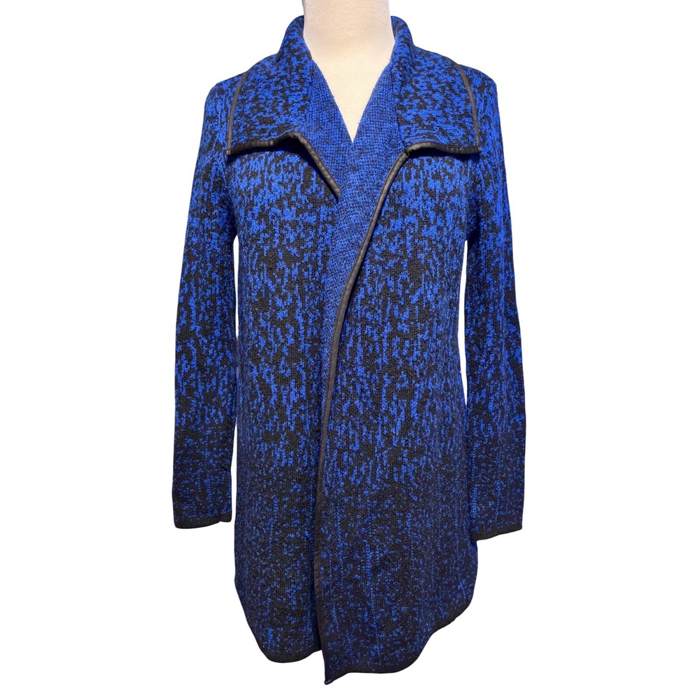 Laura Ashley Cardigan Women Size M Blue Black Wool‎ Blend Faux Leather Trim Open